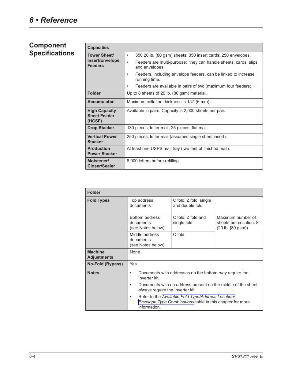 Component specifications, Component specifications -4, 6 • reference | Pitney Bowes DI950 FastPac Inserter User Manual | Page 116 / 196