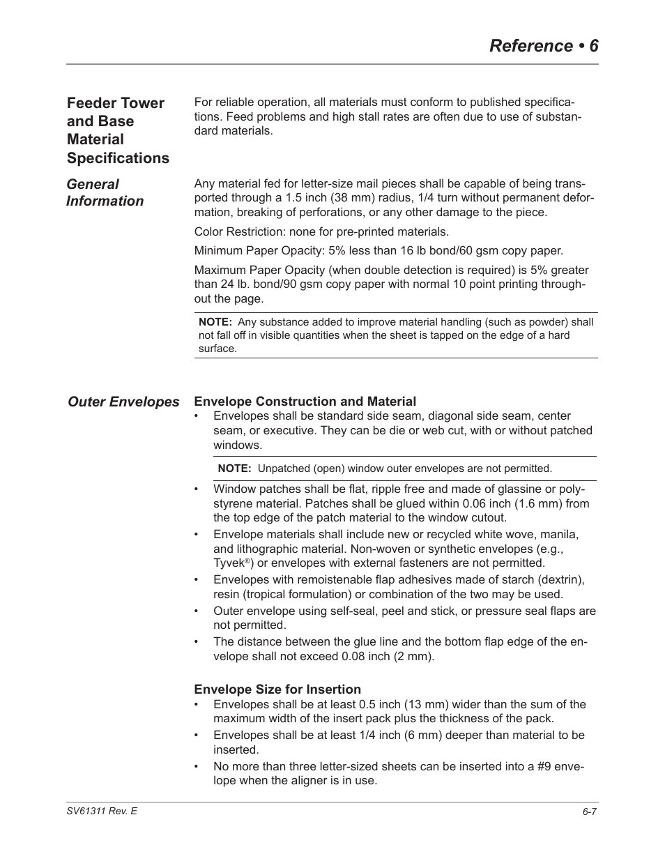 Feeder tower and base material specifications, General information, Outer envelopes | Feeder tower and base material specifications -7, General information -7 outer envelopes -7, Reference • 6 | Pitney Bowes DI950 FastPac Inserter User Manual | Page 119 / 196