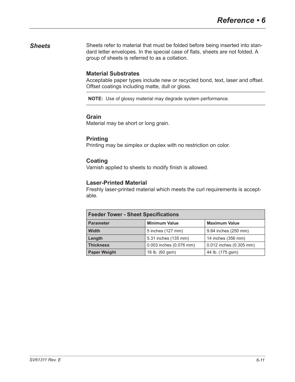 Sheets, Sheets -11, Reference • 6 | Pitney Bowes DI950 FastPac Inserter User Manual | Page 123 / 196