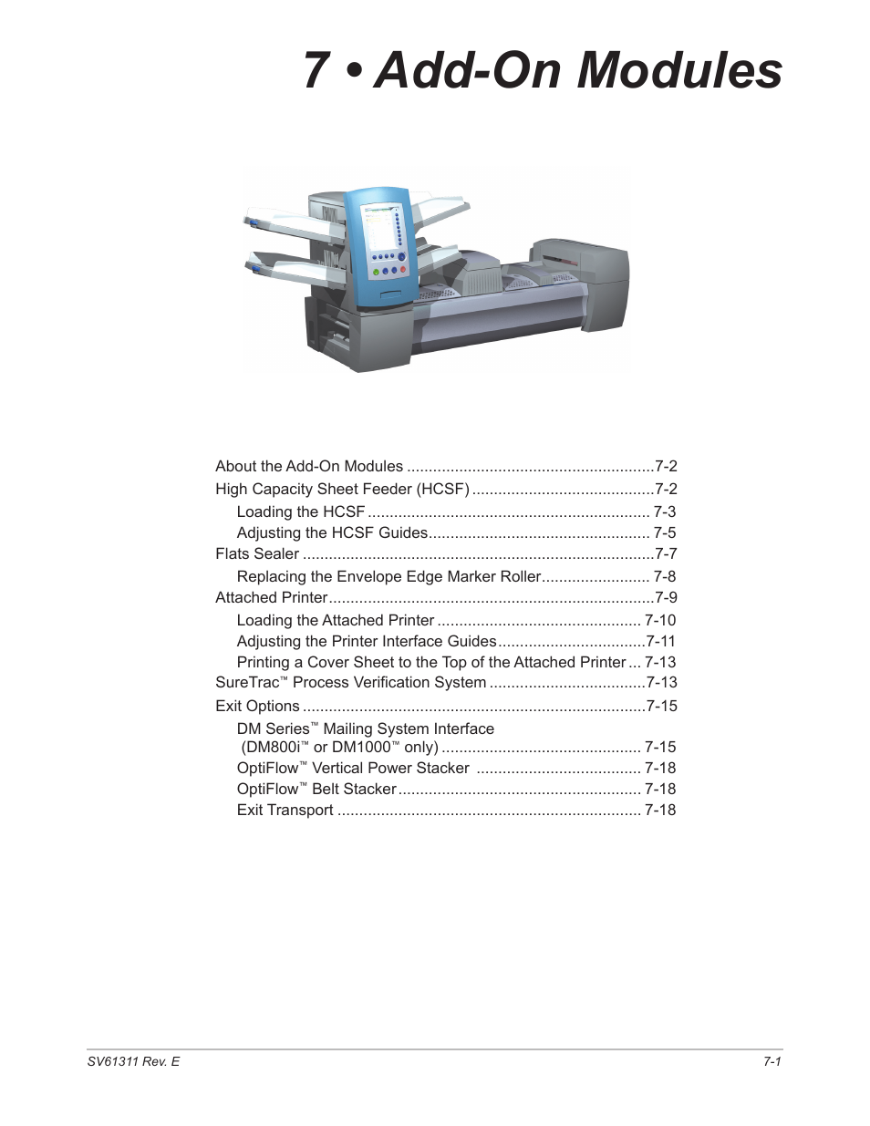 7 • add-on modules, Chapter 7, add-on modules | Pitney Bowes DI950 FastPac Inserter User Manual | Page 127 / 196