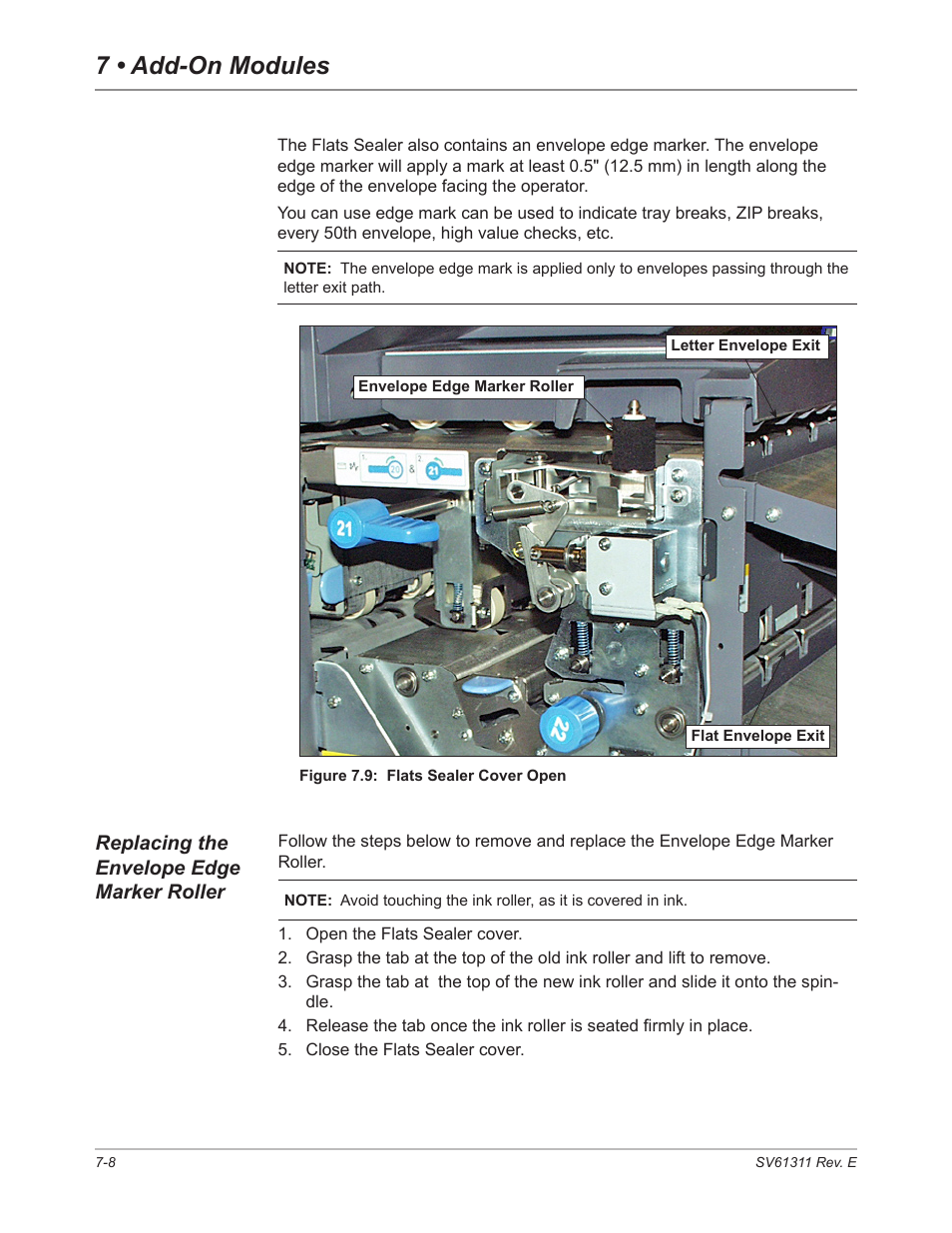 Replacing the envelope edge marker roller, Replacing the envelope edge marker roller -8, 7 • add-on modules | Pitney Bowes DI950 FastPac Inserter User Manual | Page 134 / 196