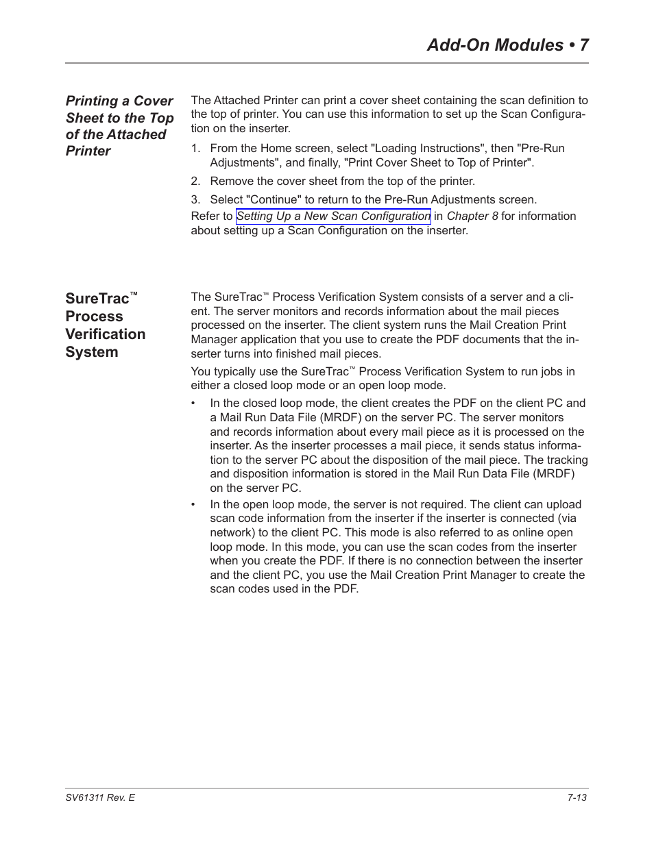 Suretrac™ process verification system, Suretrac, Process verification system -13 | Add-on modules • 7, Process verification system | Pitney Bowes DI950 FastPac Inserter User Manual | Page 139 / 196