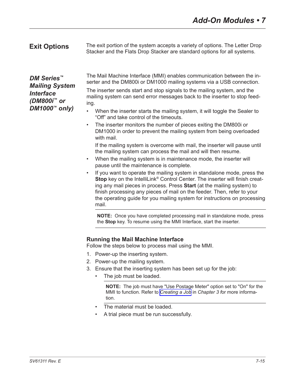 Exit options, Exit options -15, Dm series | Mailing system interface, Dm800i, Or dm1000, Only) -15, Add-on modules • 7 | Pitney Bowes DI950 FastPac Inserter User Manual | Page 141 / 196