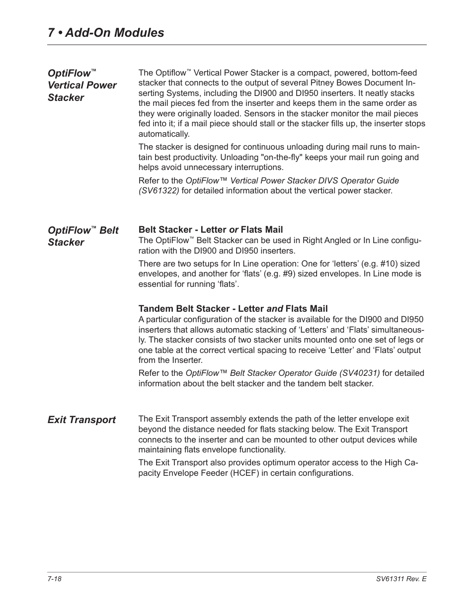Optiflow™ vertical power stacker, Optiflow™ belt stacker, Exit transport | Optiflow, Vertical power stacker -18, Belt stacker -18, Exit transport -18, 7 • add-on modules | Pitney Bowes DI950 FastPac Inserter User Manual | Page 144 / 196