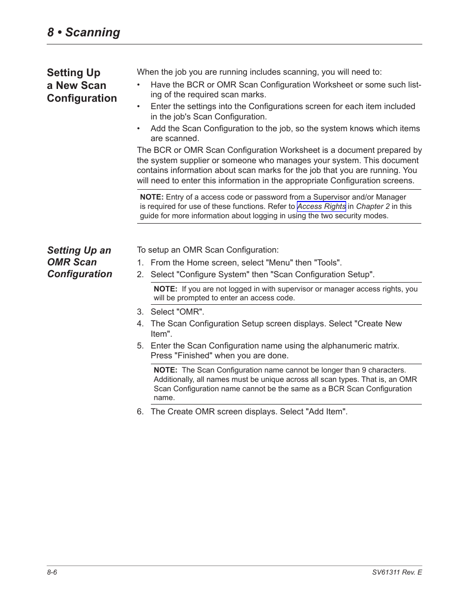 Setting up a new scan configuration, Setting up an omr scan configuration, Setting up a new scan configuration -6 | Setting up an omr scan configuration -6, 8 • scanning | Pitney Bowes DI950 FastPac Inserter User Manual | Page 150 / 196