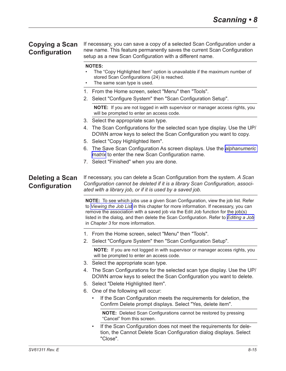 Copying a scan configuration, Deleting a scan configuration, Scanning • 8 | Pitney Bowes DI950 FastPac Inserter User Manual | Page 159 / 196