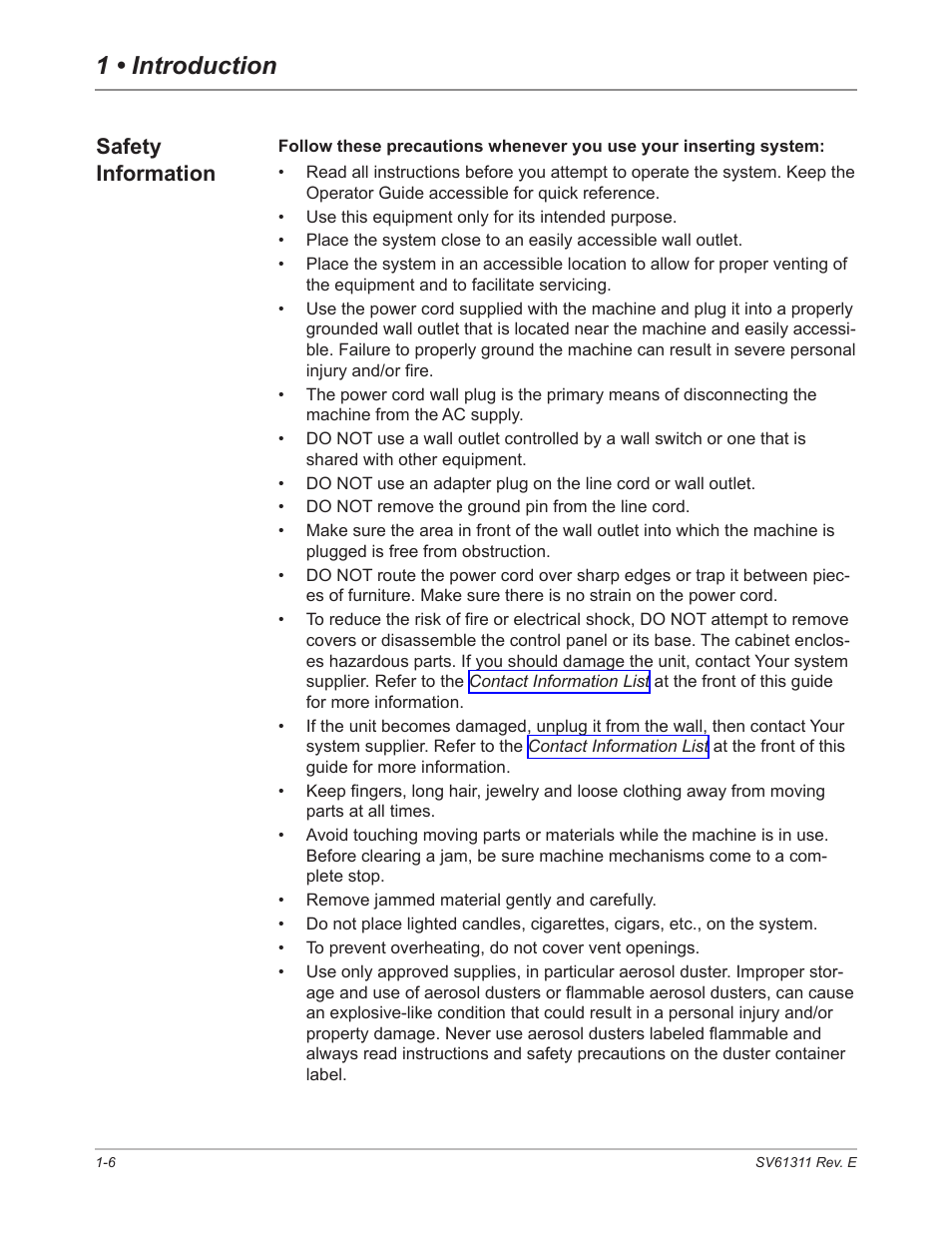 Safety information, Safety information -6, 1 • introduction | Pitney Bowes DI950 FastPac Inserter User Manual | Page 16 / 196