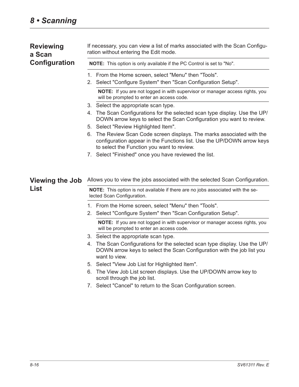 Reviewing a scan configuration, Viewing the job list, 8 • scanning | Pitney Bowes DI950 FastPac Inserter User Manual | Page 160 / 196