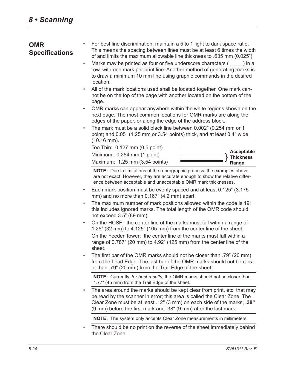 Omr specifications, Omr specifications -24, 8 • scanning | Pitney Bowes DI950 FastPac Inserter User Manual | Page 168 / 196