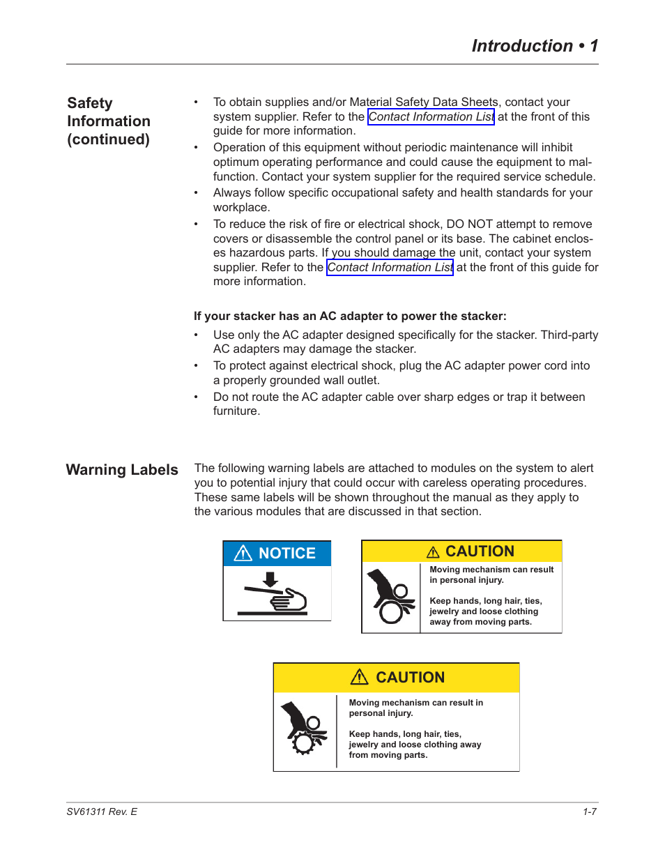 Warning labels, Warning labels -7, Introduction • 1 | Safety information (continued) warning labels, Notice caution, Caution | Pitney Bowes DI950 FastPac Inserter User Manual | Page 17 / 196