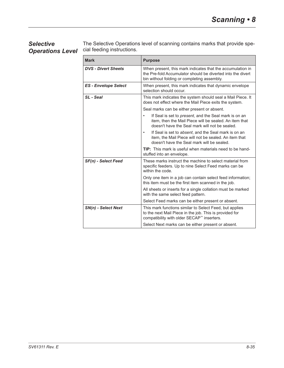 Selective operations level, Selective operations level -35, Selective operations | Level, Scanning • 8 | Pitney Bowes DI950 FastPac Inserter User Manual | Page 179 / 196