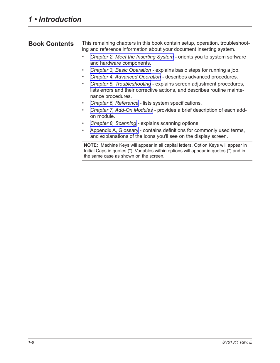 Book contents, Book contents -8, 1 • introduction | Pitney Bowes DI950 FastPac Inserter User Manual | Page 18 / 196