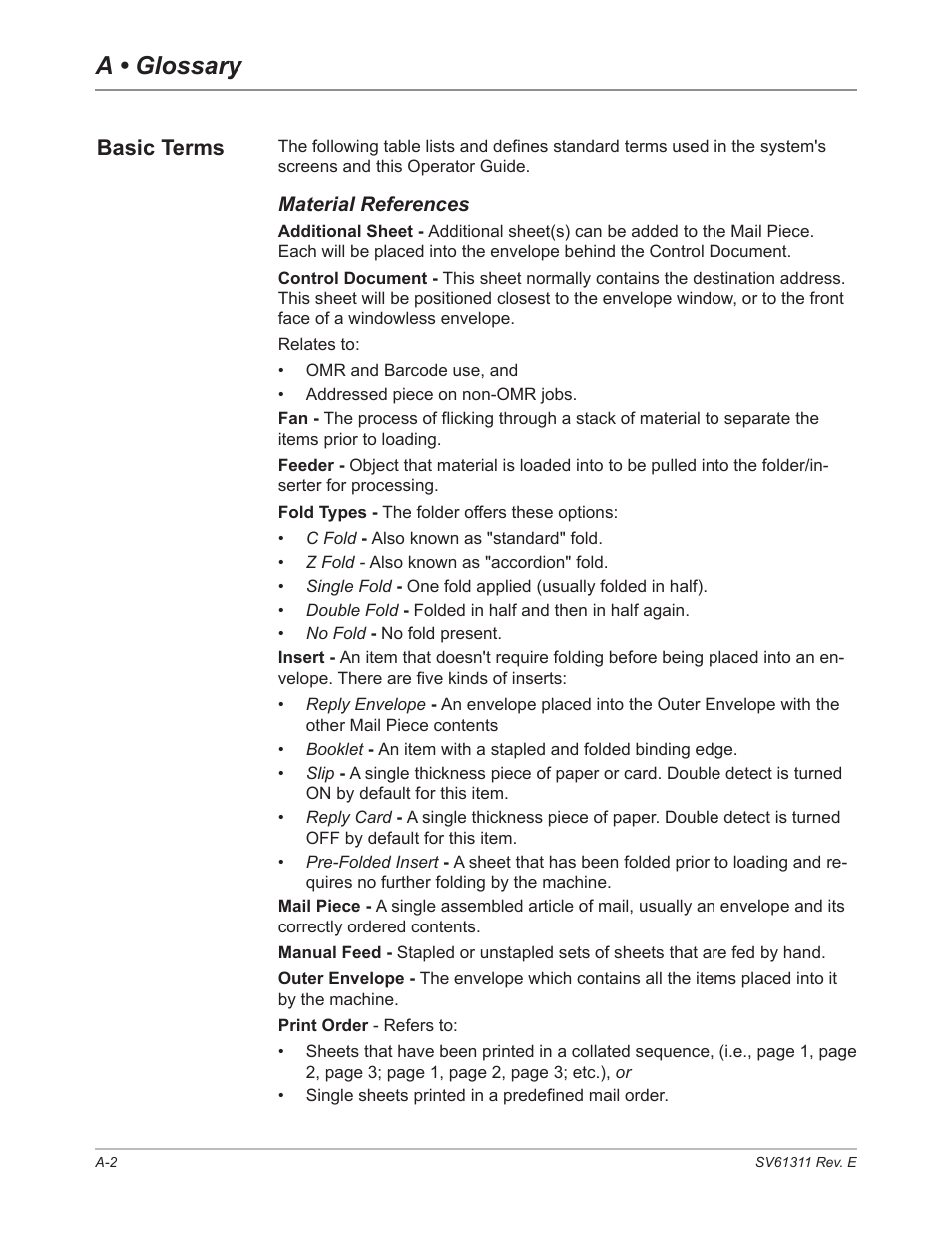 Basic terms, Material references, A • glossary | Pitney Bowes DI950 FastPac Inserter User Manual | Page 182 / 196