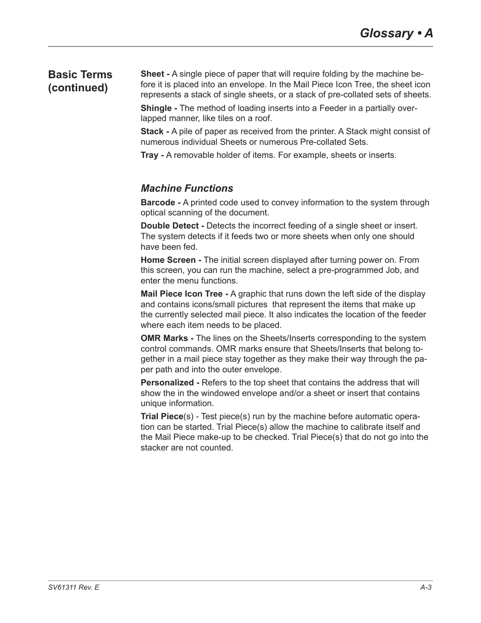 Machine functions, Glossary • a, Basic terms (continued) | Pitney Bowes DI950 FastPac Inserter User Manual | Page 183 / 196