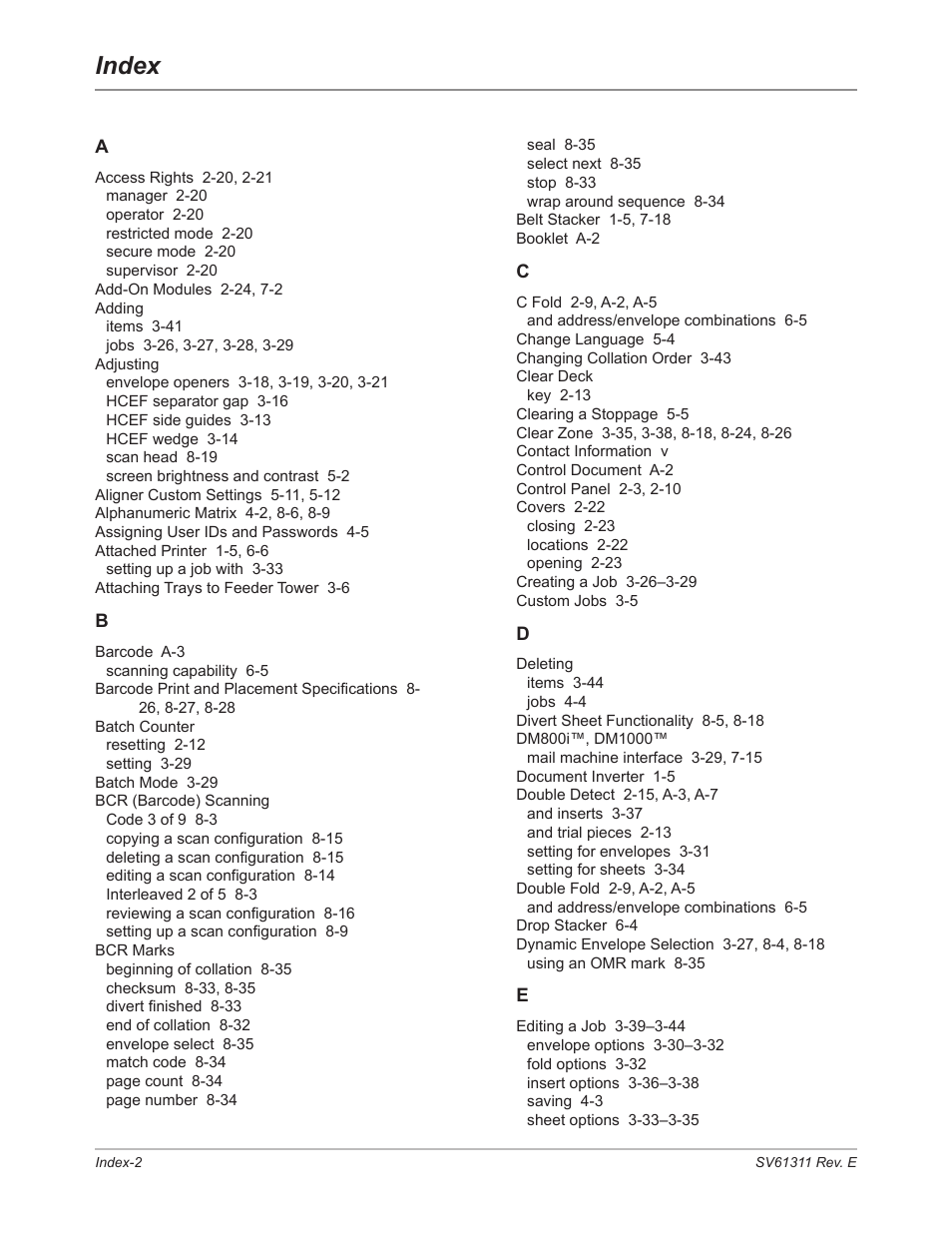 Index | Pitney Bowes DI950 FastPac Inserter User Manual | Page 190 / 196