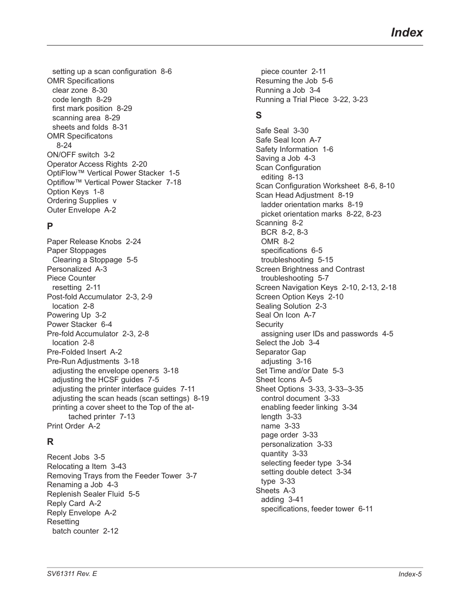Index | Pitney Bowes DI950 FastPac Inserter User Manual | Page 193 / 196