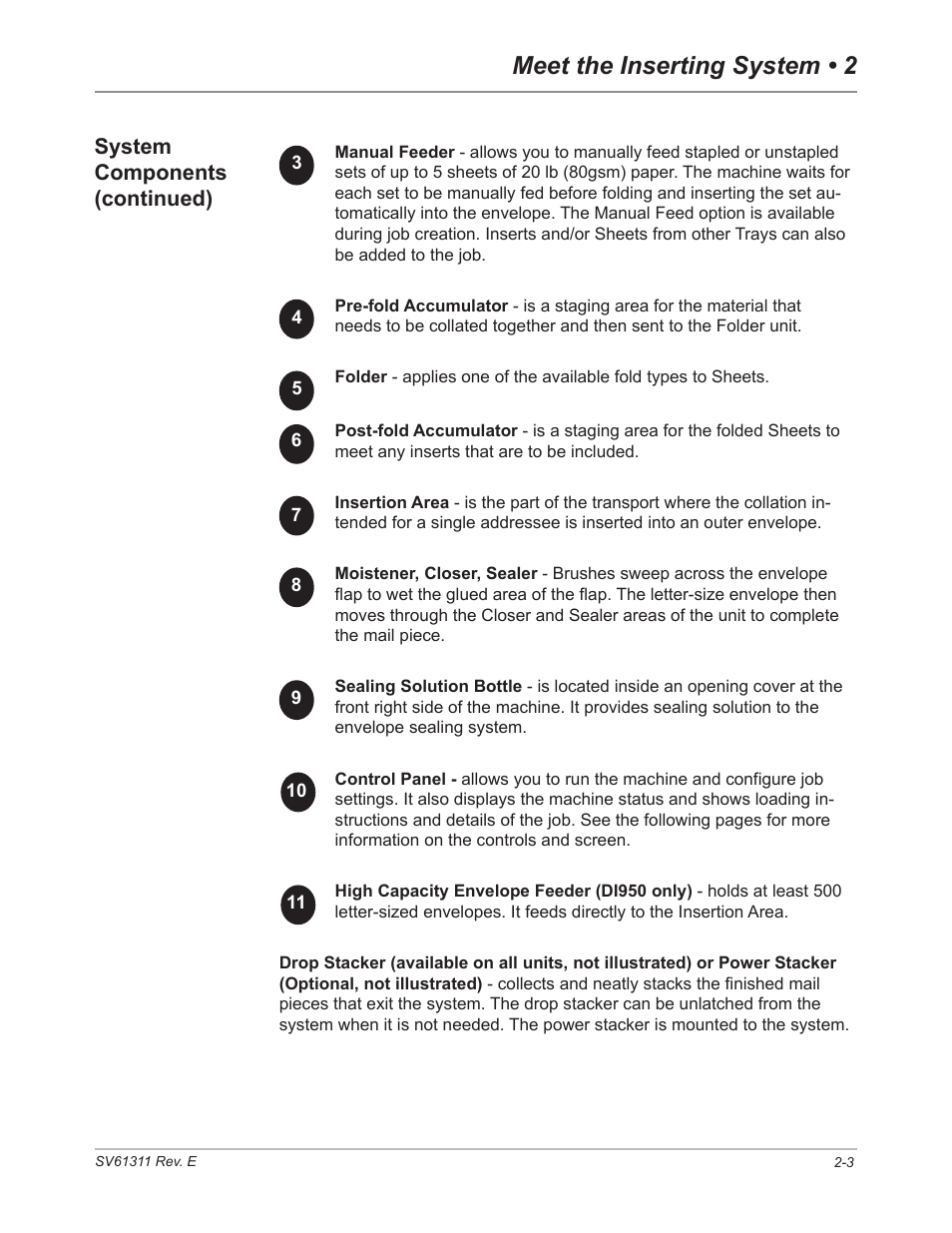 Meet the inserting system • 2, System components (continued) | Pitney Bowes DI950 FastPac Inserter User Manual | Page 21 / 196