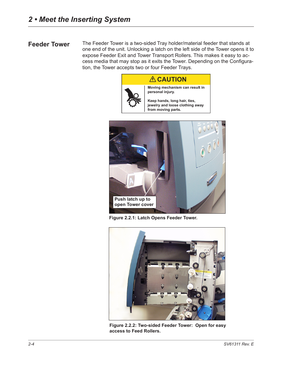 Feeder tower, Feeder tower -4, 2 • meet the inserting system | Caution | Pitney Bowes DI950 FastPac Inserter User Manual | Page 22 / 196