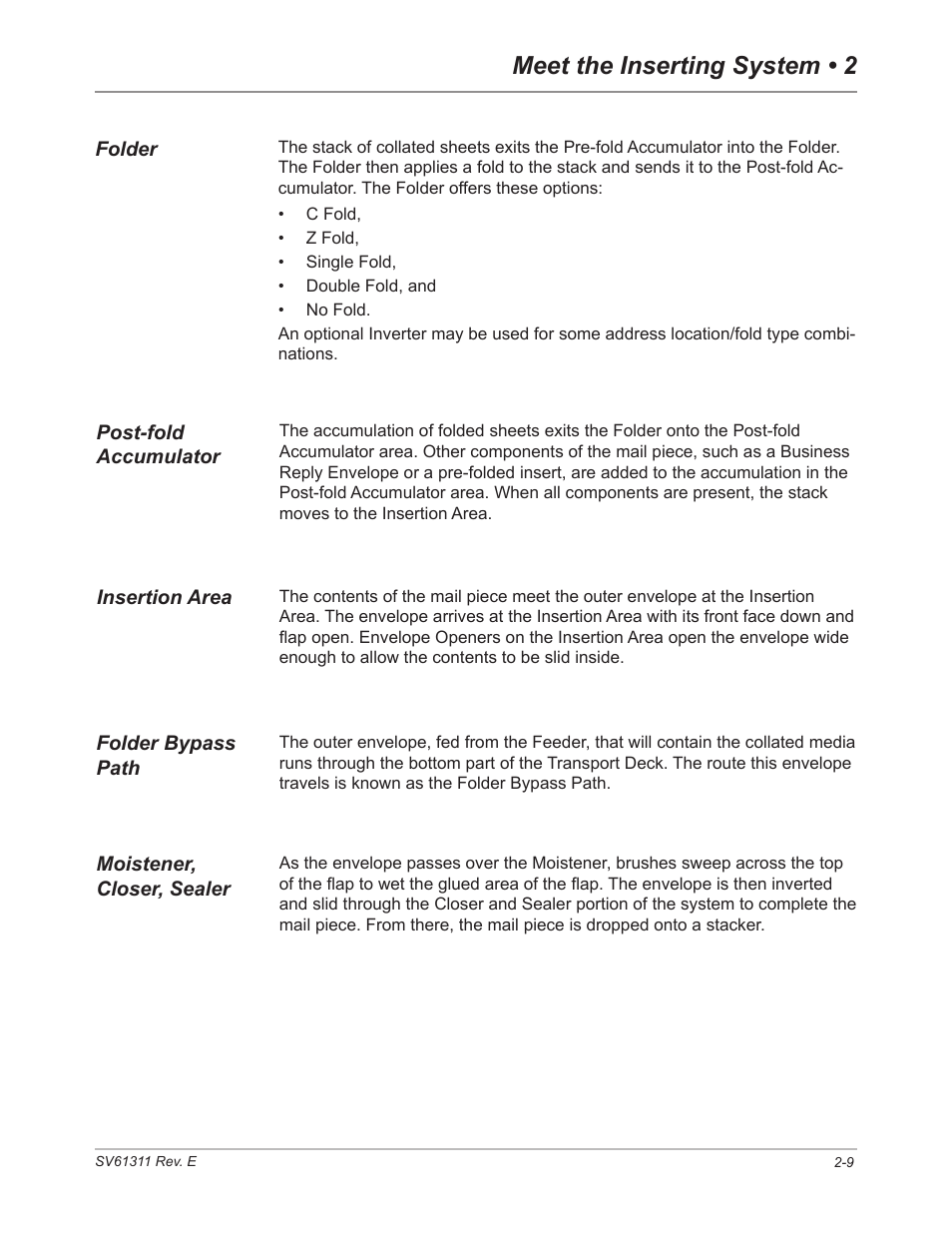 Folder, Post-fold accumulator, Insertion area | Folder bypass path, Moistener, closer, sealer, Meet the inserting system • 2 | Pitney Bowes DI950 FastPac Inserter User Manual | Page 27 / 196