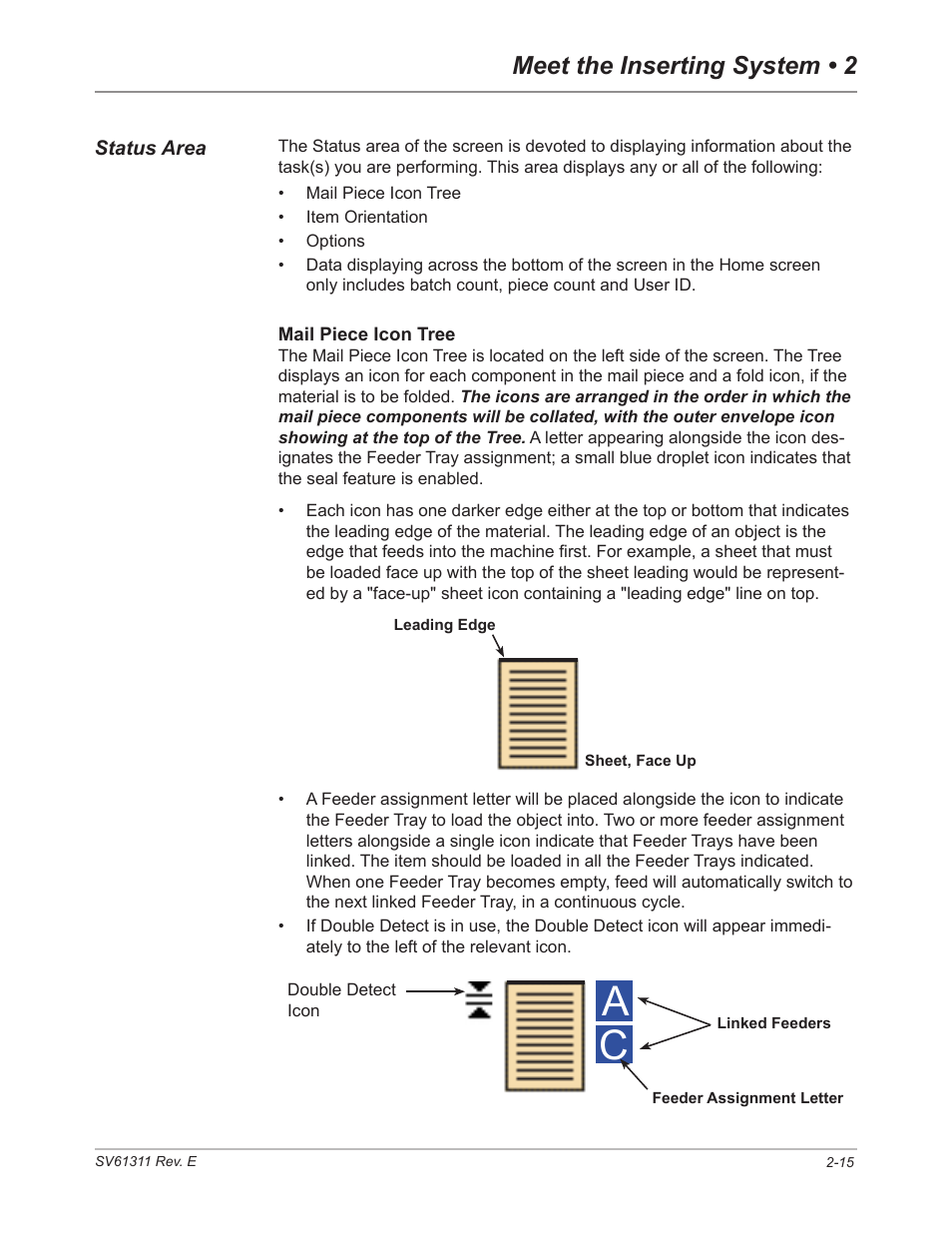 Status area, Status area -15, Meet the inserting system • 2 | Pitney Bowes DI950 FastPac Inserter User Manual | Page 33 / 196