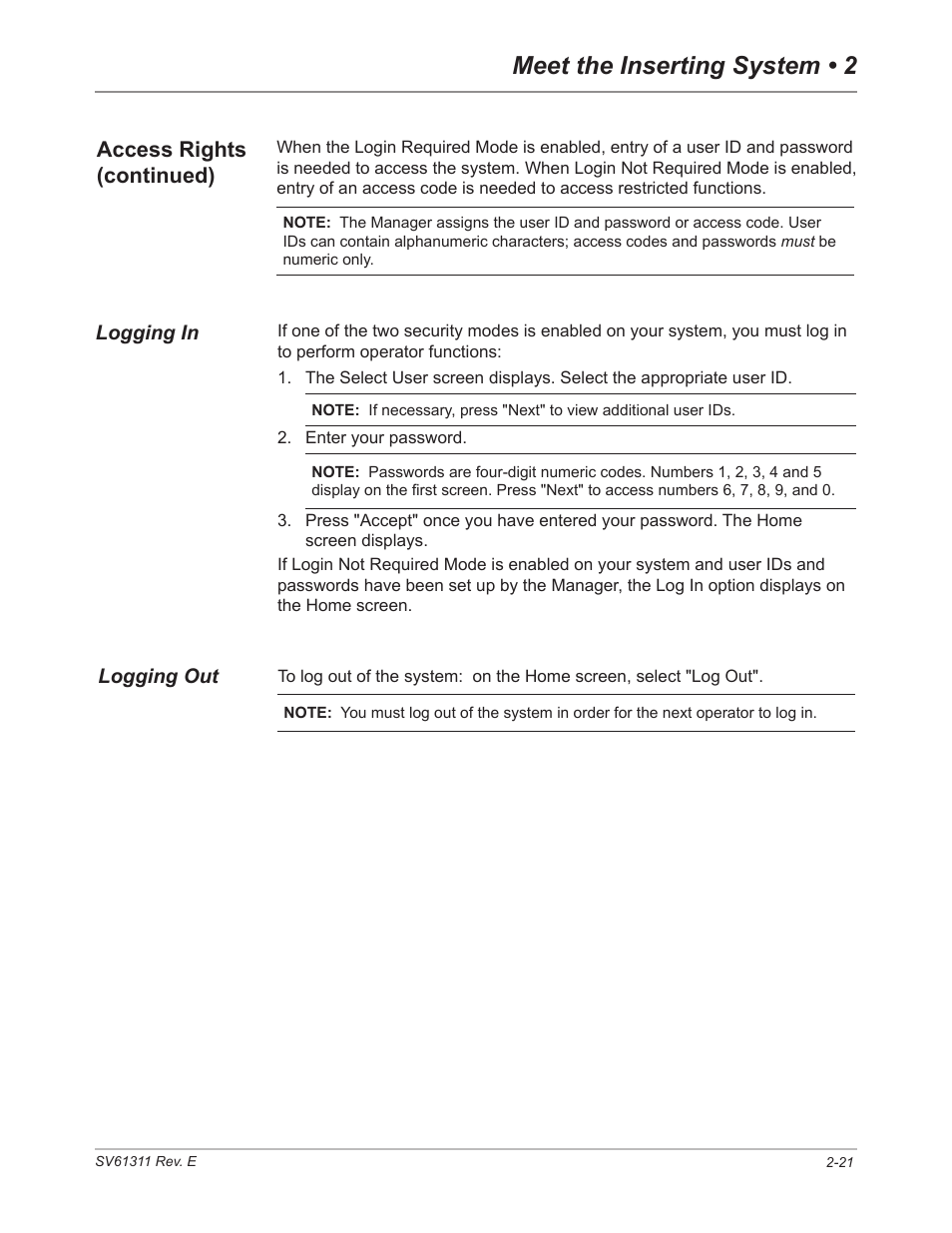 Logging out, Logging in, Logging in -21 logging out -21 | Meet the inserting system • 2, Access rights (continued) | Pitney Bowes DI950 FastPac Inserter User Manual | Page 39 / 196