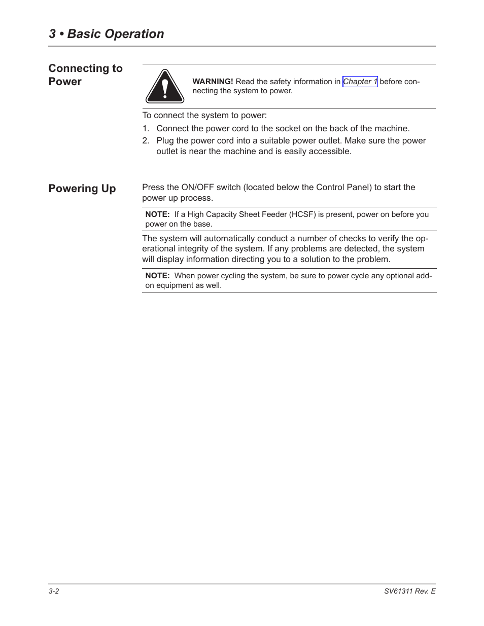 Connecting to power, Powering up, Connecting to power -2 powering up -2 | 3 • basic operation, Powering up connecting to power | Pitney Bowes DI950 FastPac Inserter User Manual | Page 44 / 196