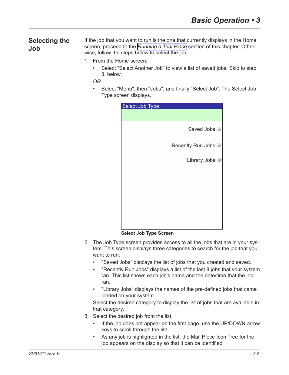 Selecting the job, Selecting the job -5, Selectng the job | Basic operation • 3 | Pitney Bowes DI950 FastPac Inserter User Manual | Page 47 / 196