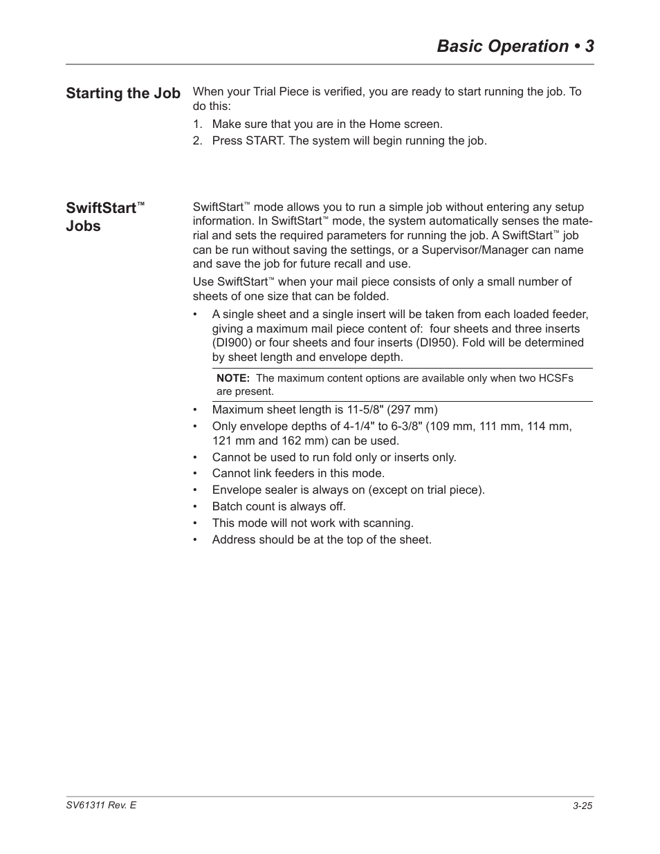 Starting the job, Swiftstart™ jobs, Starting the job -25 swiftstart | Jobs -25, Startng the job, Basic operation • 3, Swiftstart, Jobs | Pitney Bowes DI950 FastPac Inserter User Manual | Page 67 / 196