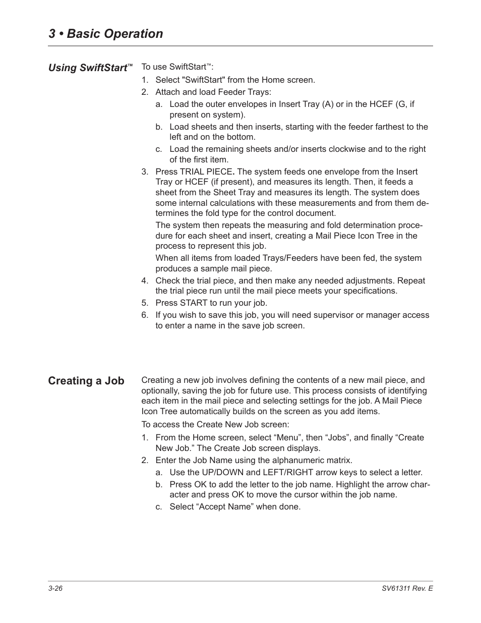 Using swiftstart, Creating a job, Creating a job -26 | 3 • basic operation | Pitney Bowes DI950 FastPac Inserter User Manual | Page 68 / 196