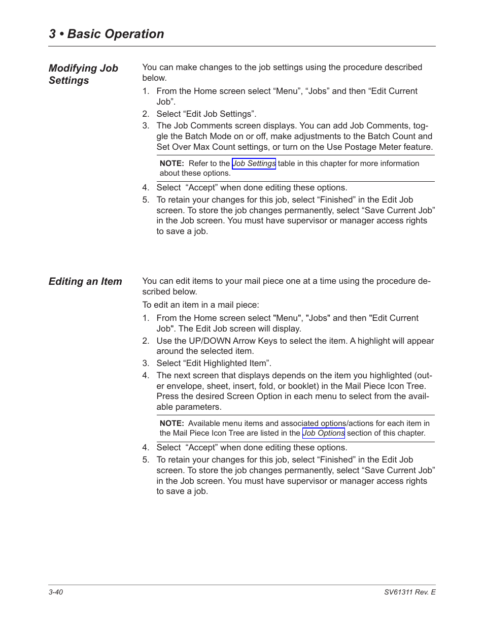 Modifying job settings, Editing an item, Modifying job settings -40 editing an item -40 | 3 • basic operation | Pitney Bowes DI950 FastPac Inserter User Manual | Page 82 / 196
