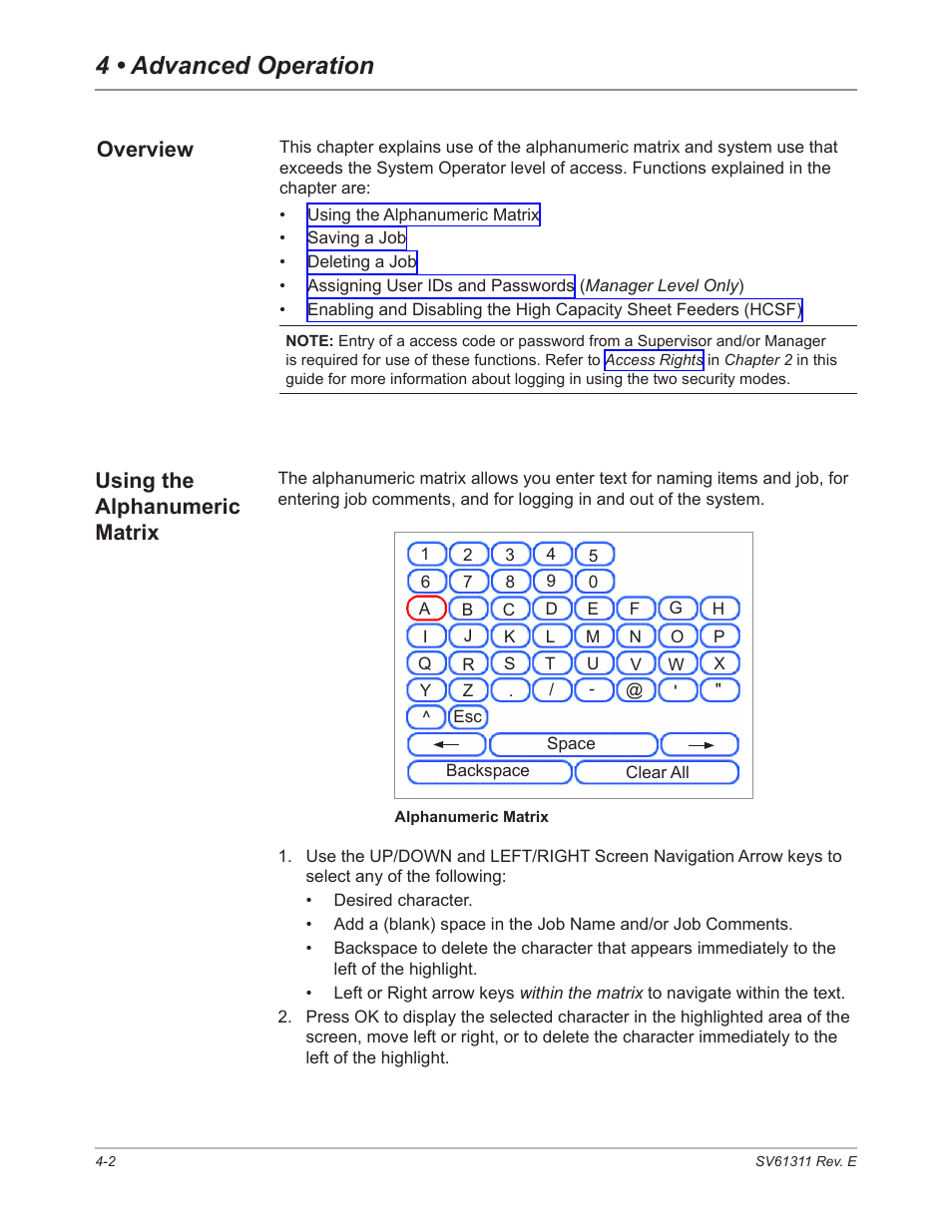 Overview, Using the alphanumeric matrix, Overview -2 using the alphanumeric matrix -2 | 4 • advanced operation | Pitney Bowes DI950 FastPac Inserter User Manual | Page 88 / 196