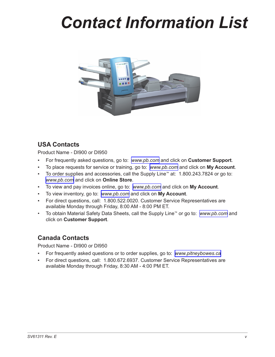 Contact information list | Pitney Bowes DI950 FastPac Inserter User Manual | Page 9 / 196