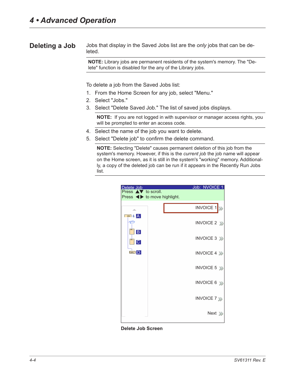 Deleting a job, Deleting a job -4, 4 • advanced operation | Pitney Bowes DI950 FastPac Inserter User Manual | Page 90 / 196