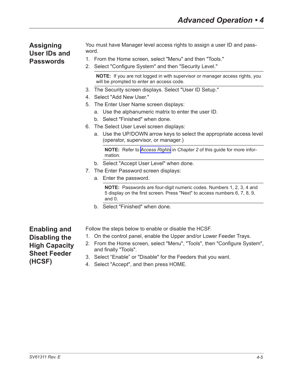 Assigning user ids and passwords, Hcsf) -5, Advanced operation • 4 | Pitney Bowes DI950 FastPac Inserter User Manual | Page 91 / 196