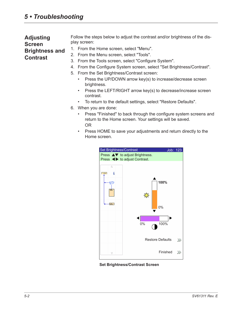 Adjusting screen brightness and contrast, Adjusting screen brightness and contrast -2, 5 • troubleshooting | Pitney Bowes DI950 FastPac Inserter User Manual | Page 94 / 196