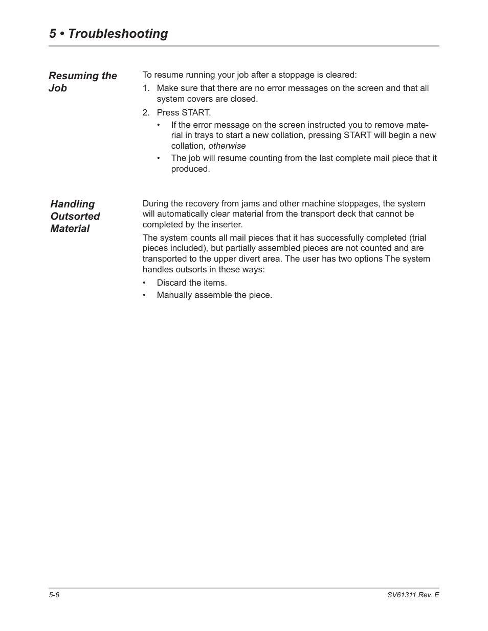 Resuming the job, Handling outsorted material, Resuming the job -6 handling outsorted material -6 | 5 • troubleshooting | Pitney Bowes DI950 FastPac Inserter User Manual | Page 98 / 196
