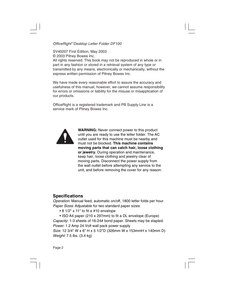 Specifications | Pitney Bowes OfficeRight DF100 Desktop Folder User Manual | Page 2 / 8