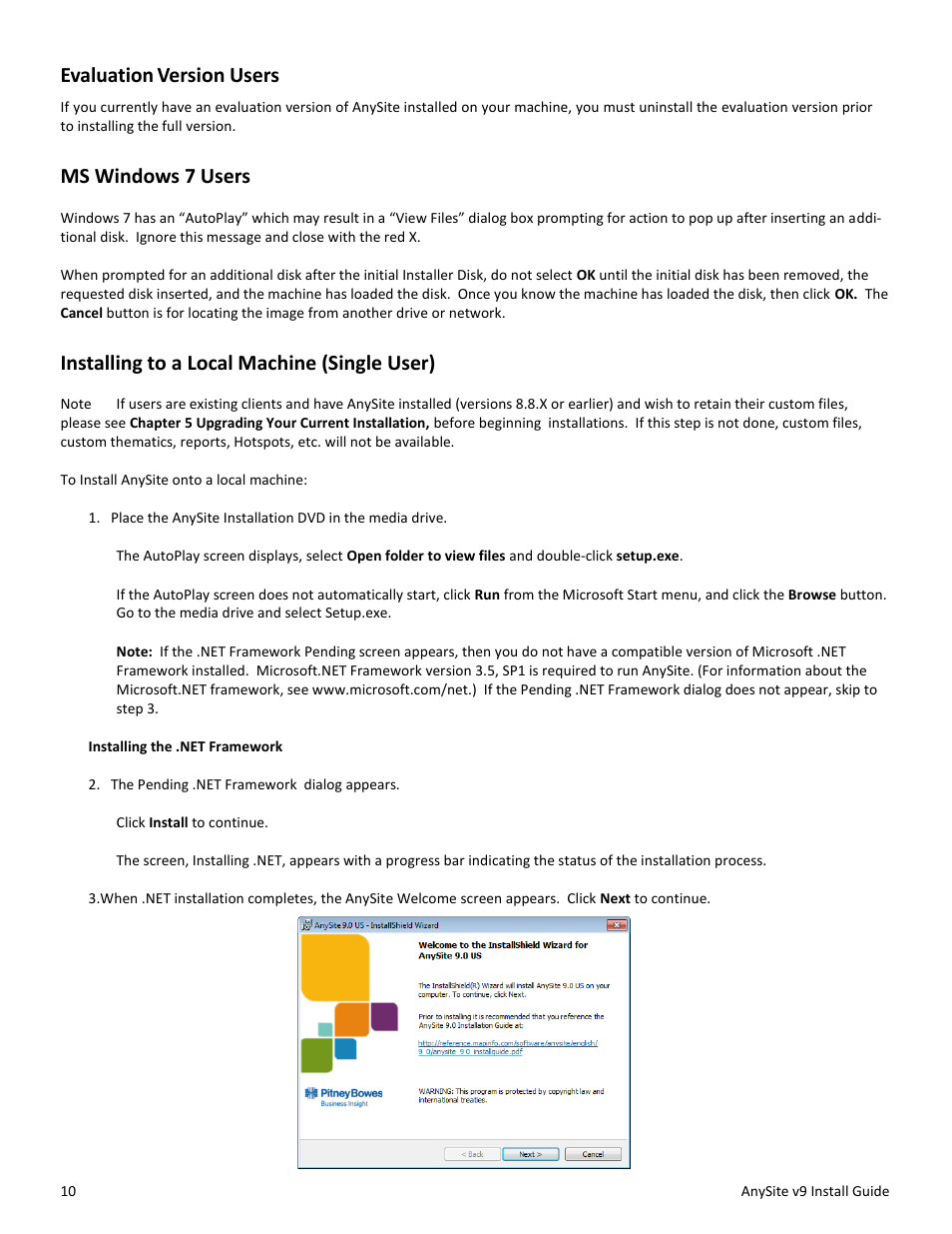 Evaluation version users, Ms windows 7 users, Installing to a local machine (single user) | Pitney Bowes AnySite User Manual | Page 10 / 45