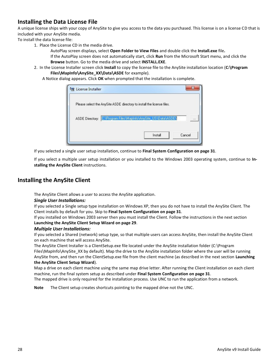 Installing the data license file, Installing the anysite client | Pitney Bowes AnySite User Manual | Page 28 / 45