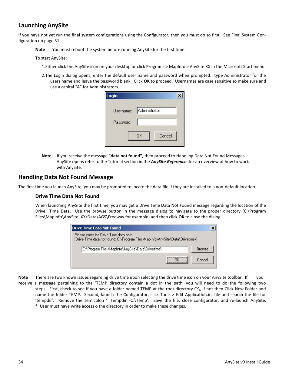 Launching anysite, Handling data not found message | Pitney Bowes AnySite User Manual | Page 34 / 45