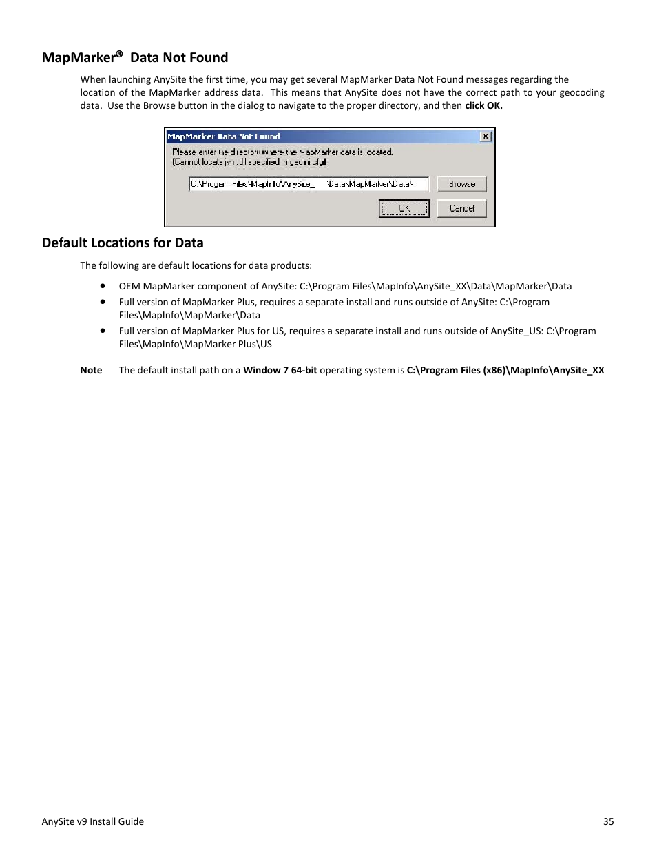 Mapmarker, Data not found, Default locations for data | Pitney Bowes AnySite User Manual | Page 35 / 45