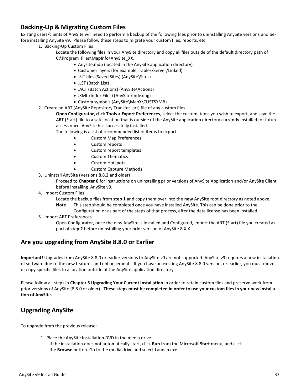 Backing-up & migrating custom files, Are you upgrading from anysite 8.8.0 or earlier, Upgrading anysite | Pitney Bowes AnySite User Manual | Page 37 / 45