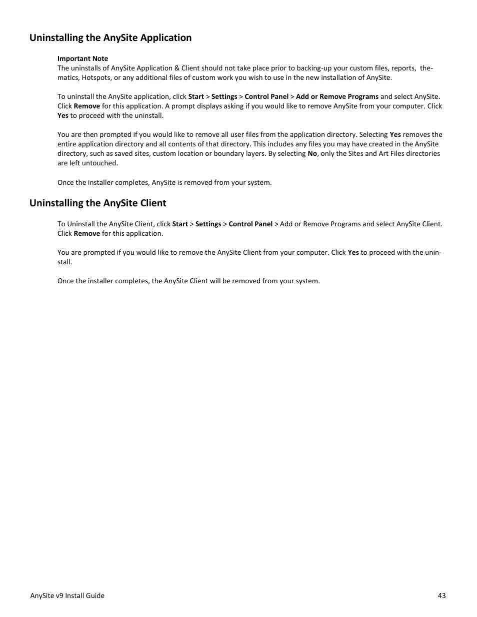 Uninstalling the anysite application, Uninstalling the anysite client | Pitney Bowes AnySite User Manual | Page 43 / 45