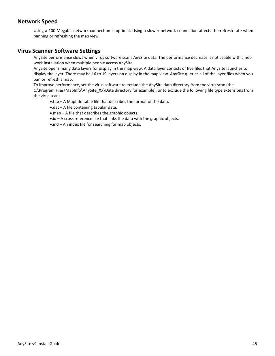 Network speed, Virus scanner software settings | Pitney Bowes AnySite User Manual | Page 45 / 45