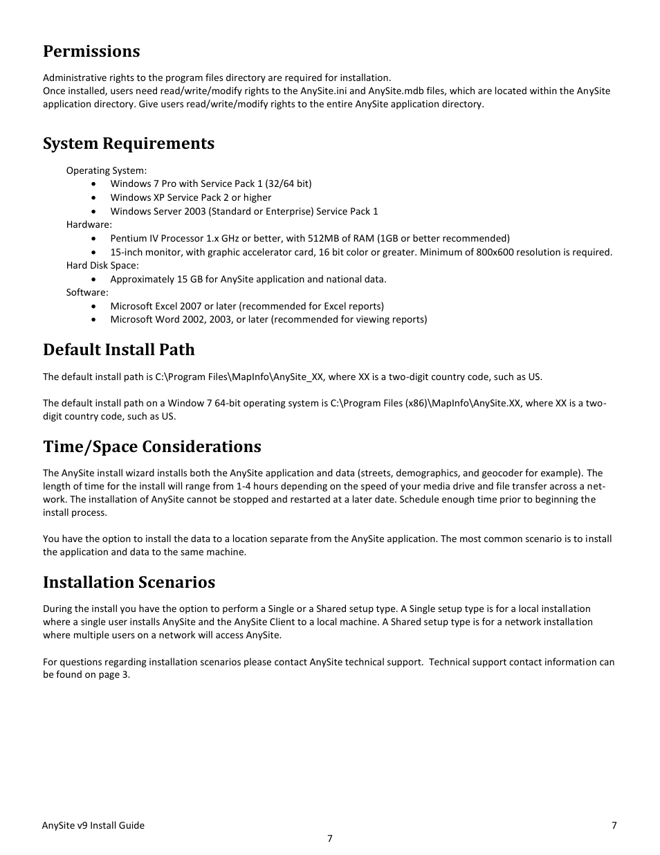 Permissions, System requirements, Default install path | Time/space considerations, Installation scenarios | Pitney Bowes AnySite User Manual | Page 7 / 45