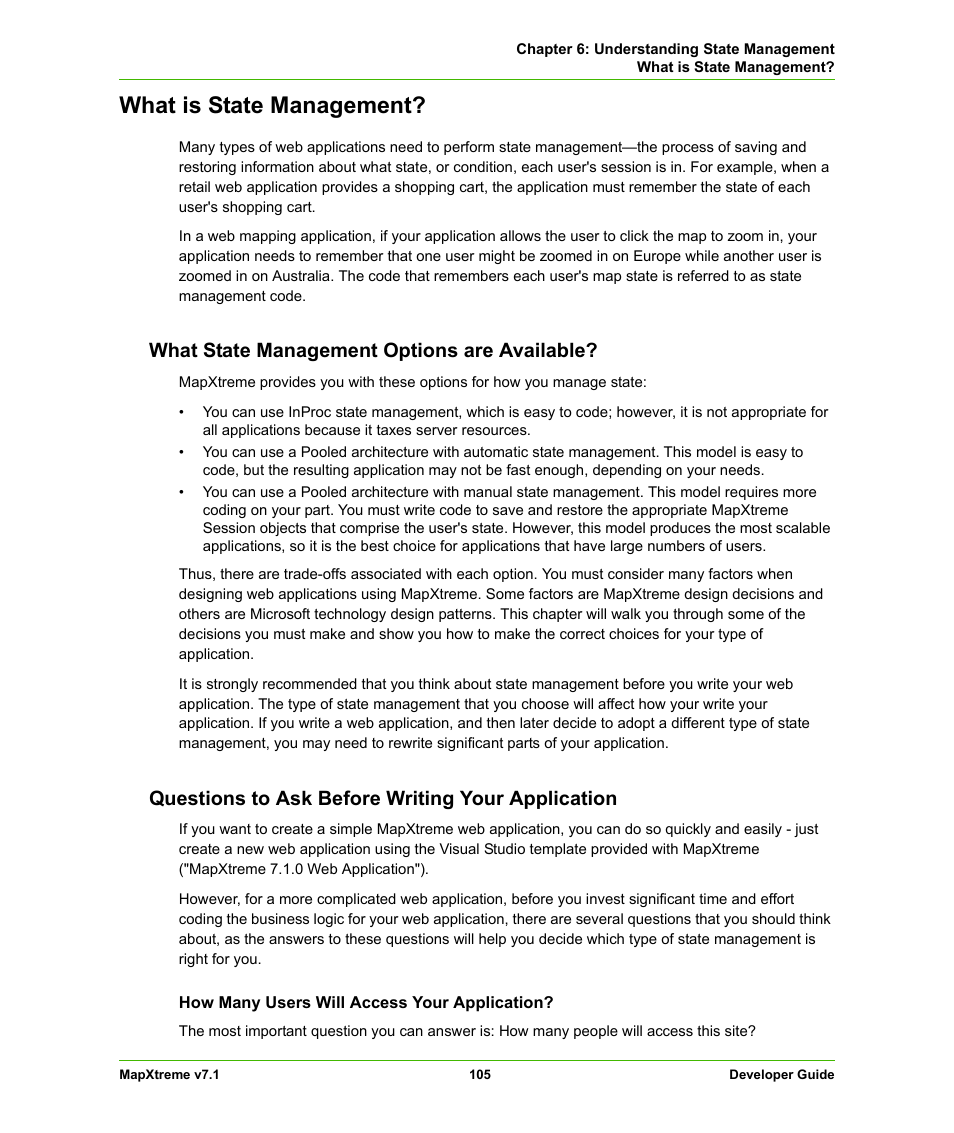 What is state management, What state management options are available, Questions to ask before writing your application | Pitney Bowes MapXtreme User Manual | Page 105 / 640