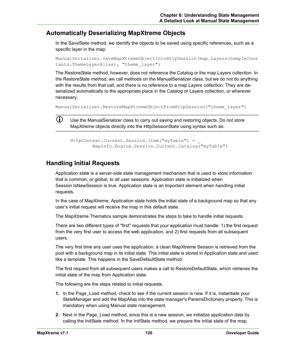 Automatically deserializing mapxtreme objects, Handling initial requests | Pitney Bowes MapXtreme User Manual | Page 120 / 640