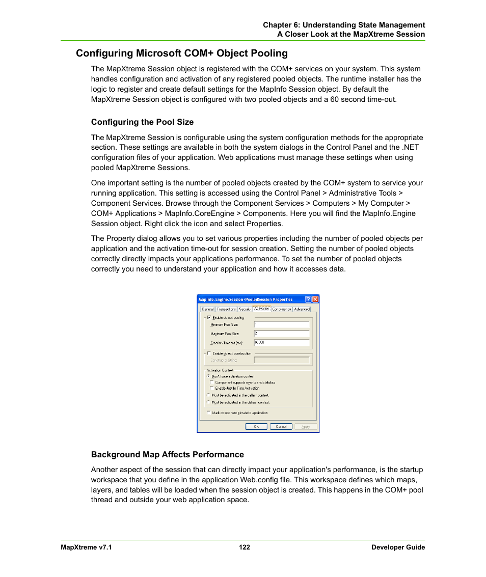 Configuring microsoft com+ object pooling | Pitney Bowes MapXtreme User Manual | Page 122 / 640