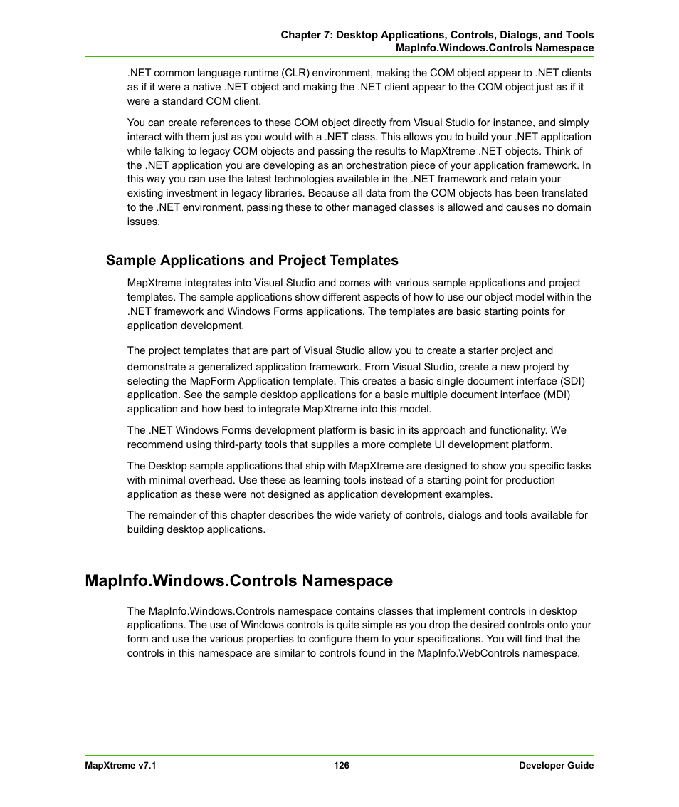 Sample applications and project templates, Mapinfo.windows.controls namespace | Pitney Bowes MapXtreme User Manual | Page 126 / 640