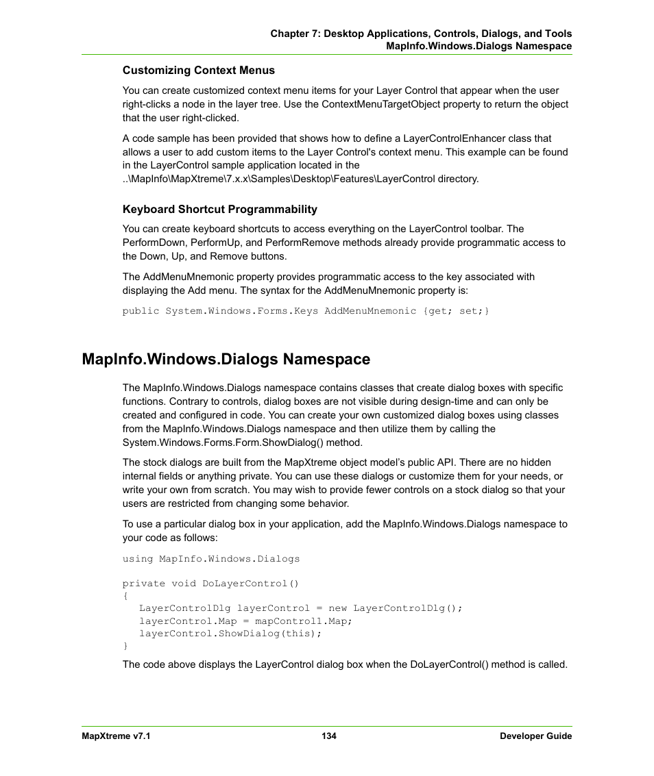 Mapinfo.windows.dialogs namespace | Pitney Bowes MapXtreme User Manual | Page 134 / 640